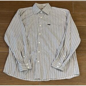 Faconnable Mens XL Striped Button Down Shirt Long Sleeve Cotton Grey Blue Brown